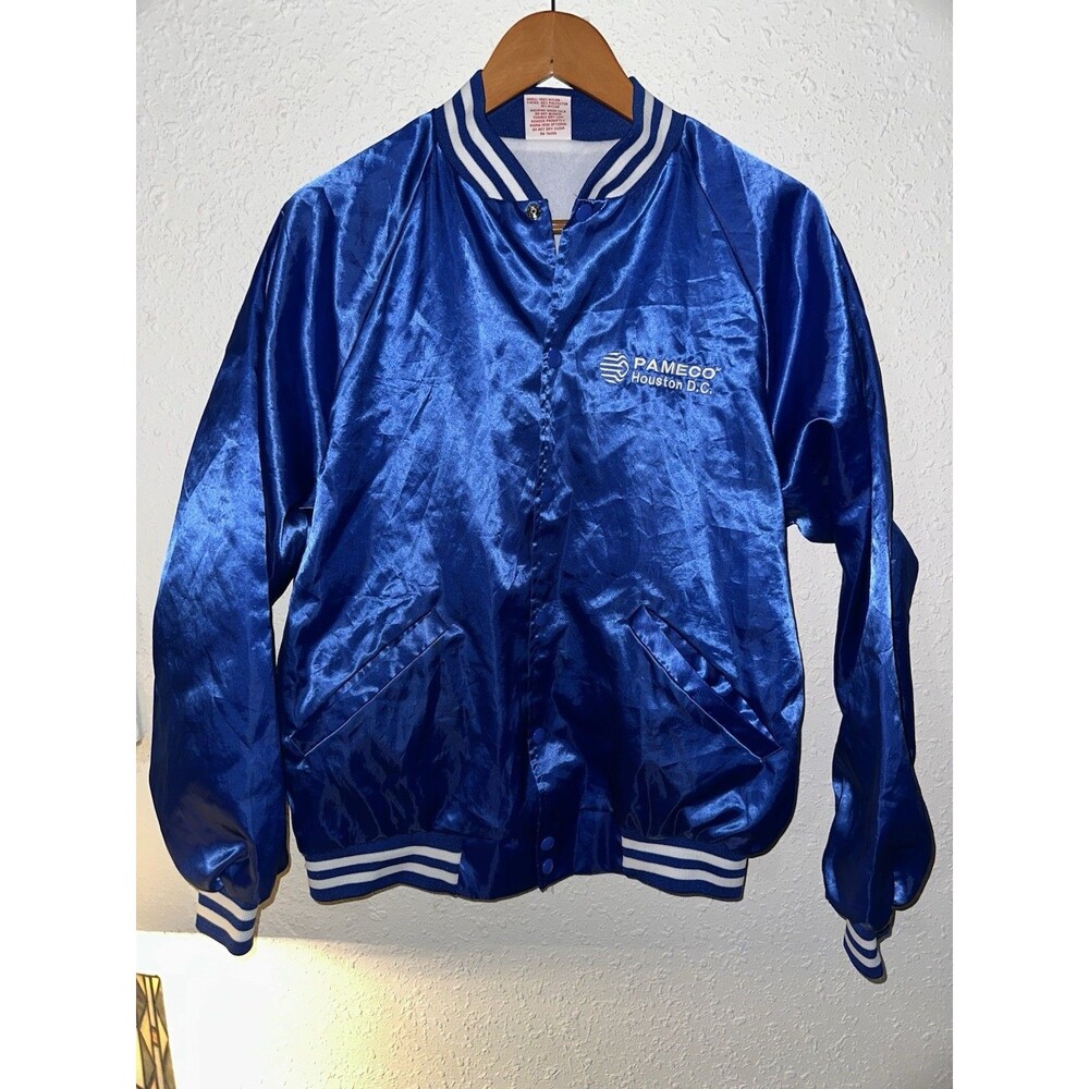 VTG Cardinal Royal Blue Satin Jacket Double Stripe Pameco Houston DC USA Made Lg